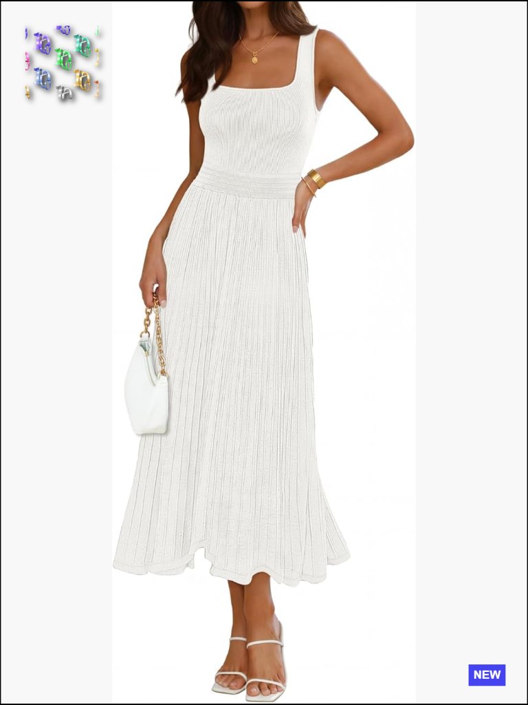 Sleeveless Square Neck Midi Dress Pleated A-Line Empire Waist Wedding Guest